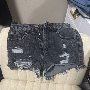 Distressed Black Denim Shorts